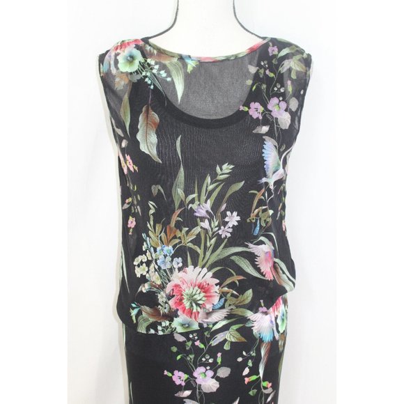FUZZI $595 Womens Black Multicolor Floral Sleeveless Blouson Dress L NWT FLAW - Picture 3 of 8